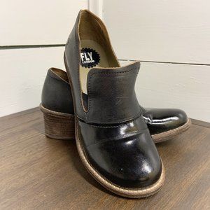 Fly London stack heel slip-on oxford, black